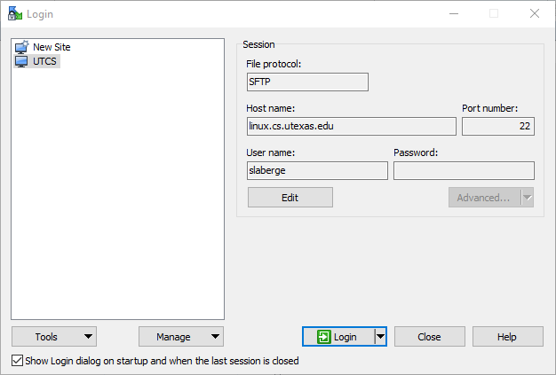 New connection dialog for WinSCP