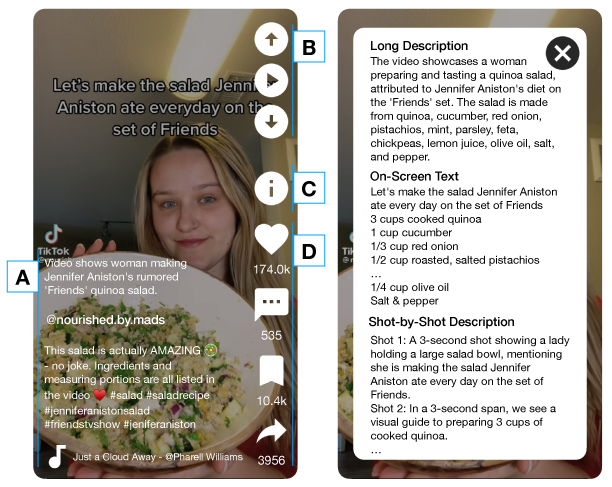 Example ShortScribe interface featuring a TikTok video from Nourished by Mads on the left and consisting of front screen video information including the short description, username, caption, and audio title, video controls, a button to open the description pane which includes the long description, on-screen text, and shot-by-shot descriptions, and (d)video statistics.