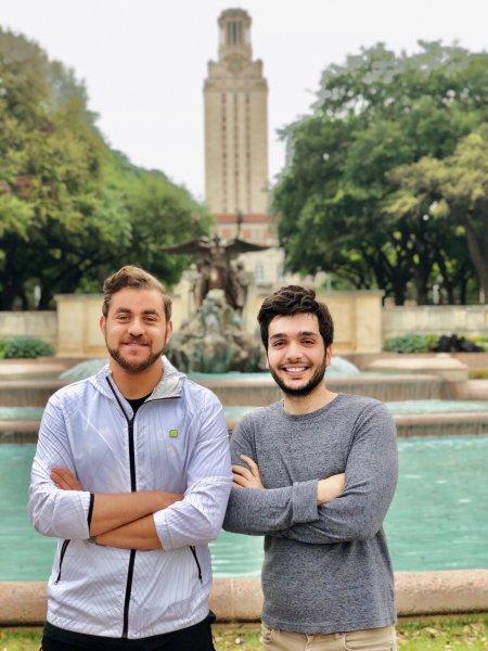 Amir Mostafavi and Ali Ajam in front of the UT Austin tower