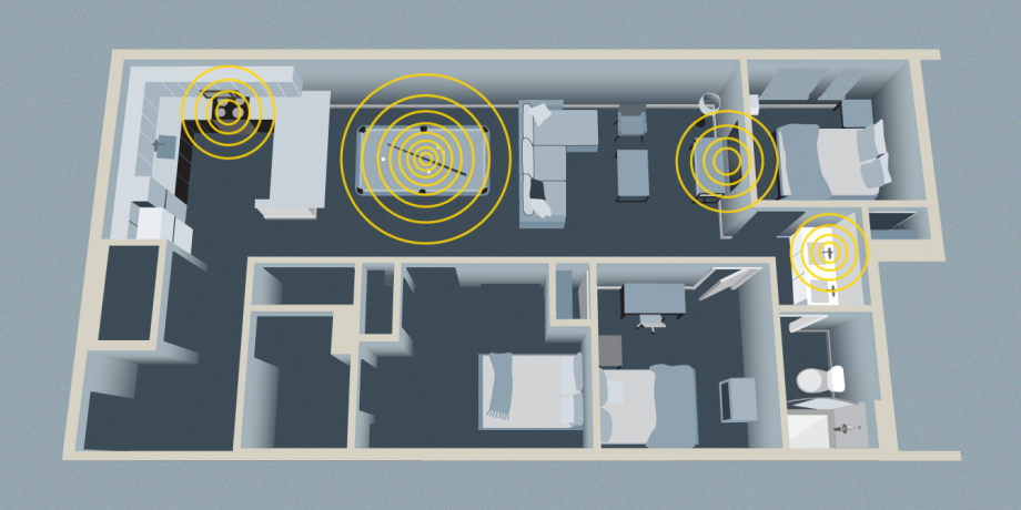 Aerial view of gray scale home layout with sound wave graphics in yellow