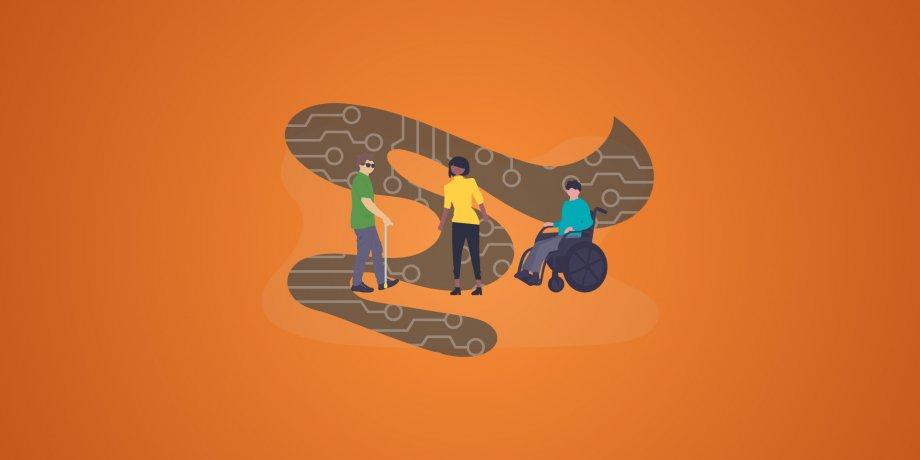 Three people on an orange background. One man using a cain, a woman, and a person in a wheelchair.