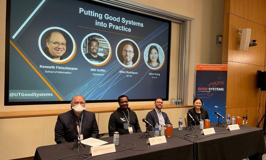 Kenneth R. Fleischmann, Will Griffin, Mikel Rodriguez and Alice Xiang at the 2022 Good Systems Symposium. Credit: Stacey Ingram Kaleh.