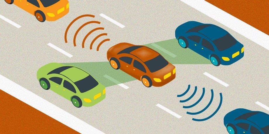 Illustration of automated car driving down three lane road, sensing cars around it.