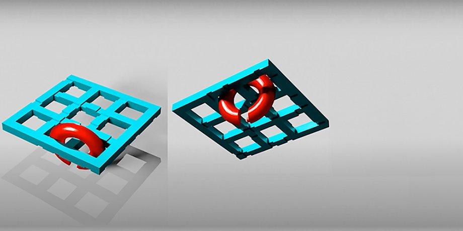 image of a disentanglement puzzle. A blue square with a three by three grid with a red donut looped around one of the grid lines of the square. View from top and view from bottom. 