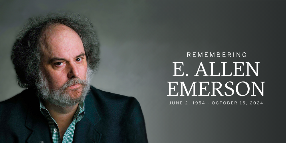 E. Allen Emerson pictured against a gray backdrop with text to the right reading, "Remembering E. Allen Emerson, June 2, 1954 - October 15, 2024"