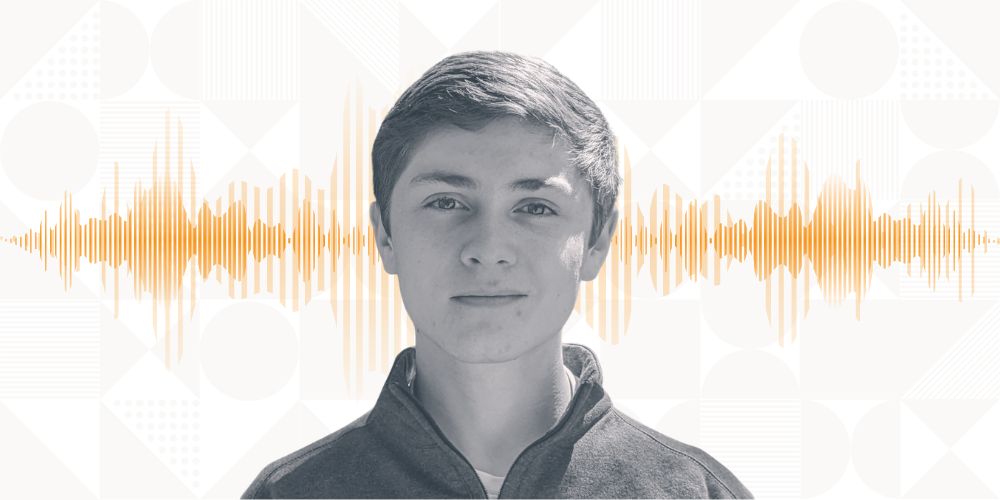 Turing student Alan Baade pictured in gray and white against geometic print on white background and orange soundwaves running behind Alan's head.