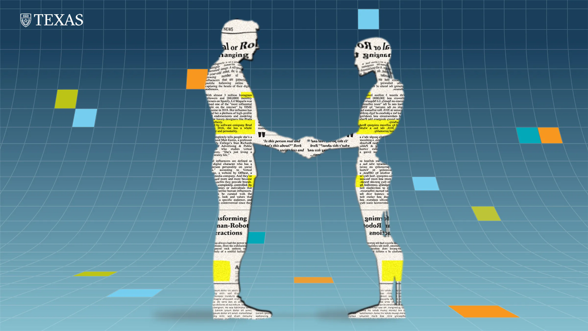 Elements of the cover image for this episode were generated using Midjourney and Photoshop’s generative AI tools. Photo-Illustration: Martha Morales. A human silhouette made up of the text in a newspaper article shakes hands with a robot silhouette also made up of newspaper text