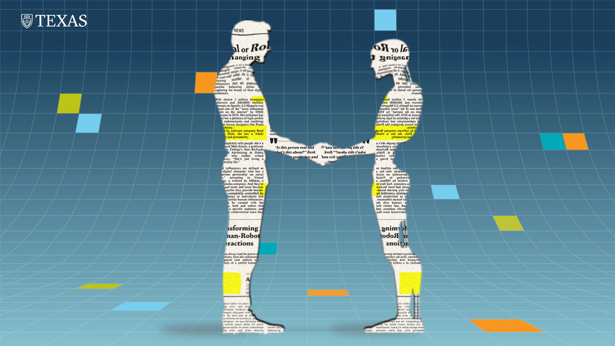 A human silhouette made up of the text in a newspaper article shakes hands with a robot silhouette also made up of newspaper text