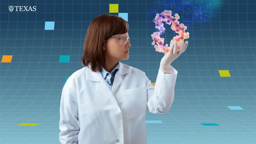 A woman in a white lab coat and gloves holds up a molecule that has been magnified to the size of her head