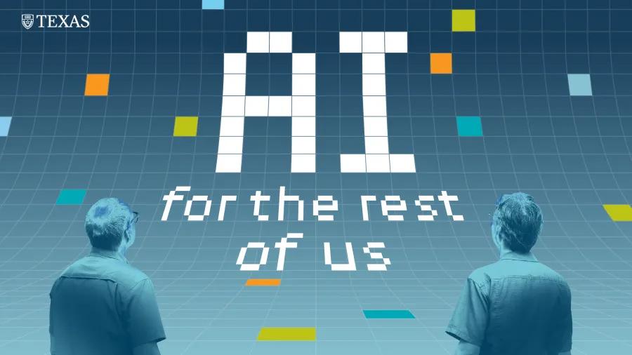 Two people look at a wall emblazoned with the words &quot;AI for the rest of us&quot;