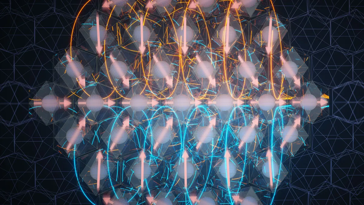 Illustration shows a group of atoms with arrows indicating the directions of their electron spins