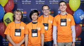 UT Competitive Programming team: Brian Richer, Supawit Chockchowwat, faculty coach Etienne Vouga, and Alex Meed.