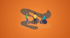 Three people on an orange background. One man using a cain, a woman, and a person in a wheelchair.