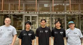 Professors Etienne Vouga and Glenn Downing with UTPC student members Aaryan Prakash, Caleb Hu, Mark Wen in front of the Gates Dell Complex.