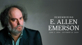 E. Allen Emerson pictured against a gray backdrop with text to the right reading, "Remembering E. Allen Emerson, June 2, 1954 - October 15, 2024"