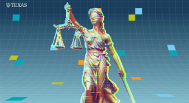 A statue of a blindfolded woman in a toga holding a scale in one hand and a sword in the other, representing the legal system