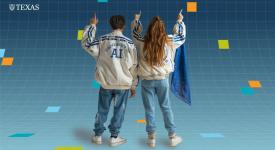 College students wearing spirit gear that reads "University of AI"