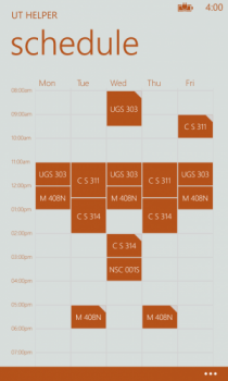 Screen shot of UT Helper app&#039;s schedule feature