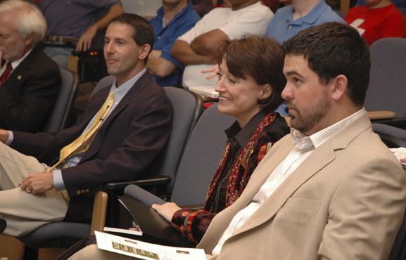 Department Chair J Moore, Associate Professor Peter Stone, Dean Mary Ann Rankin and Gerardo Interiano, from Congressman Lamar Smith&#039;s office, watched Dr. Fred Chang&#039;s lecture.