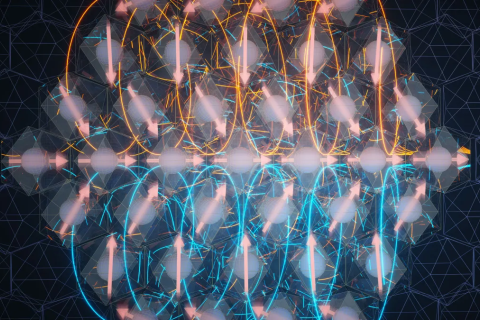 Illustration shows a group of atoms with arrows indicating the directions of their electron spins