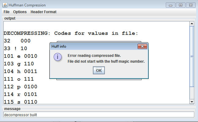 Display of error when file does not start with the expected magic number for huffman files.